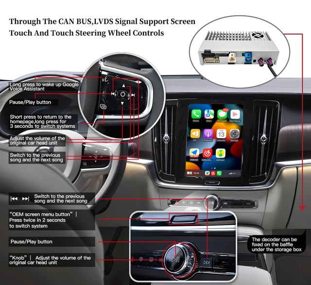 Mirror Link Car Screen For Volvo XC60 Android Auto Wireless Apple CarPlay Interface Wi-Fi LVDS Interface Is for Special Car, Compatible Car With Or Without OEM Wired CarPlay
