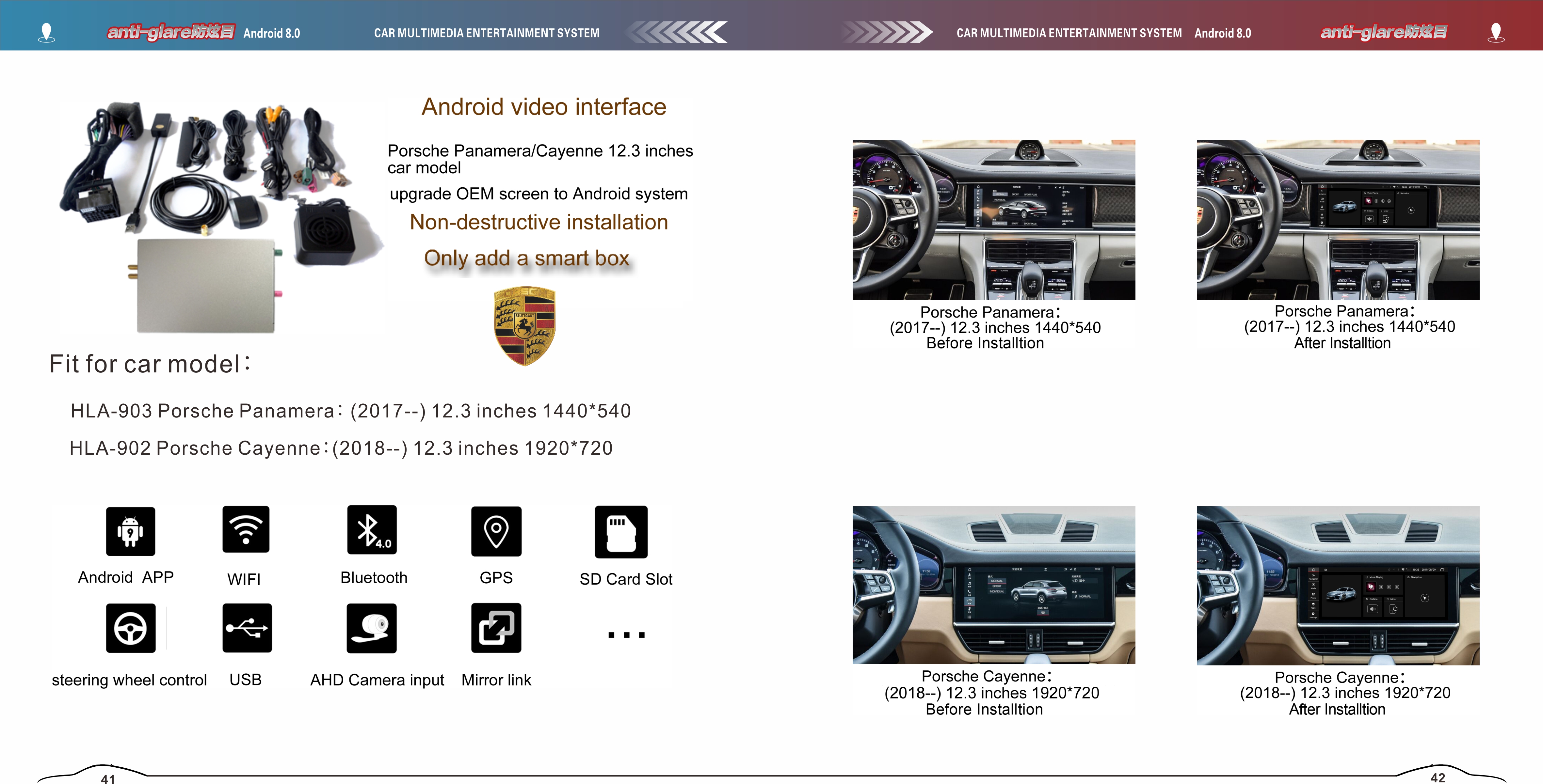 2019 Porsche multimedia video interface Android Octa Core 4+32/4+64 Installation 4g wifi usb