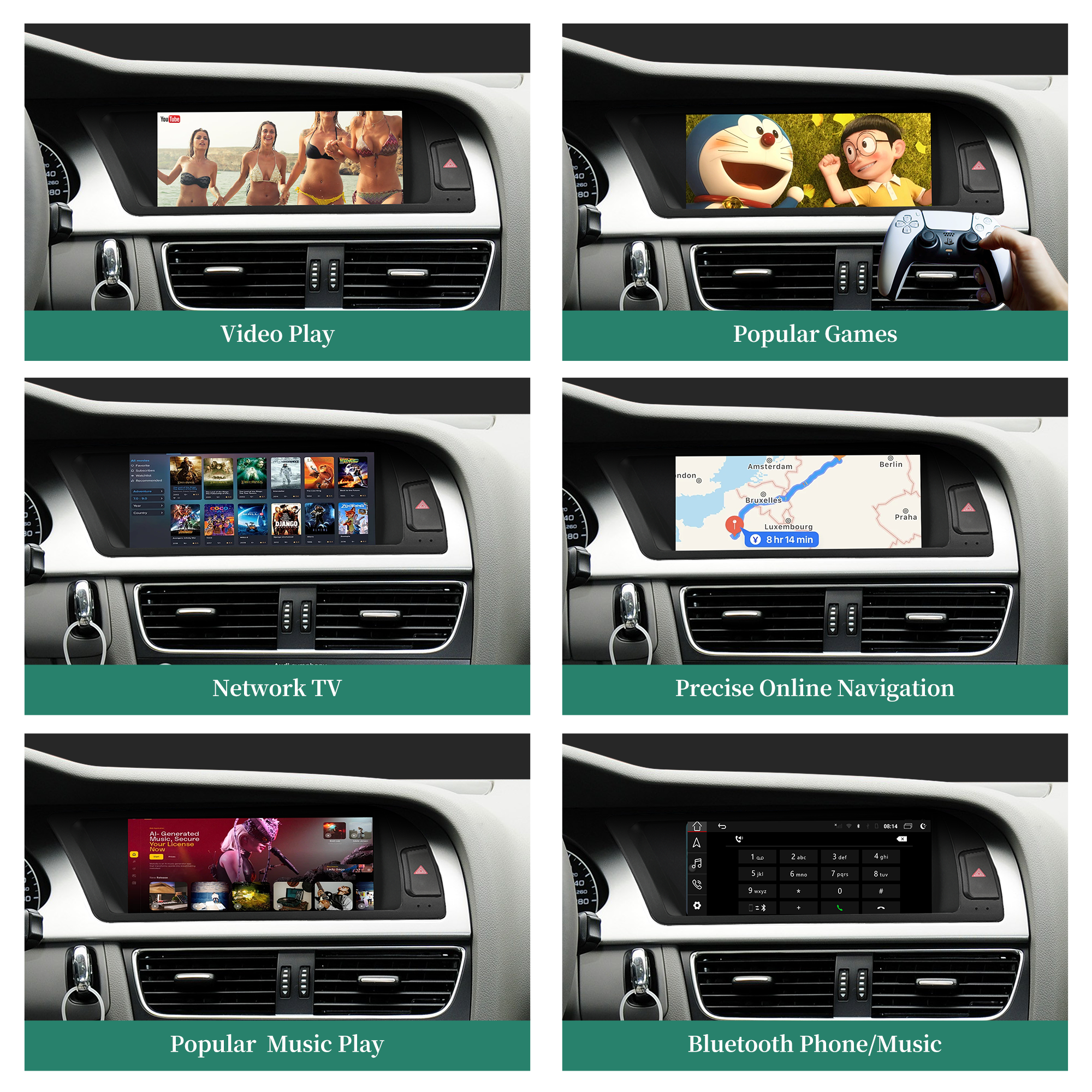 Audi A4 S4 RS4 B8 Concert Symphony 8.8 Touch Screen Upgrade 2008-2012 Apple CarPlay Android Auto Android 13 Apps Netflix Spotify Prime Video Reddit Twitch Waze Games Navigation WiFi Reverse Camera 