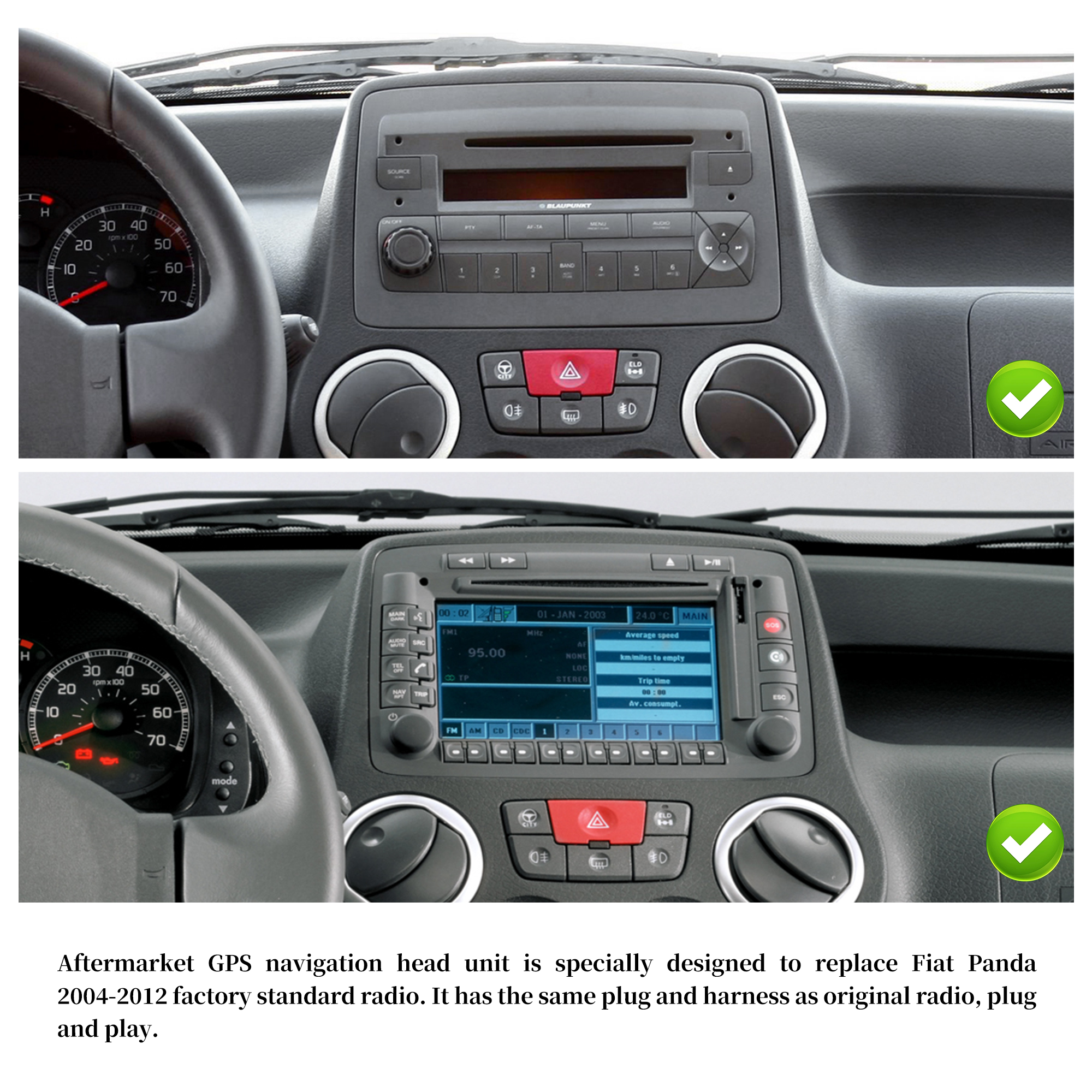 Fiat Panda Stereo Upgrade Fit 6.2 inch Touch Screen Autoradio Wireless Apple CarPlay Android Auto Radio Navigation DVD Android 13 Apps Netflix Spotify TikTok Facebook YouTube WhatsApp Instagram
