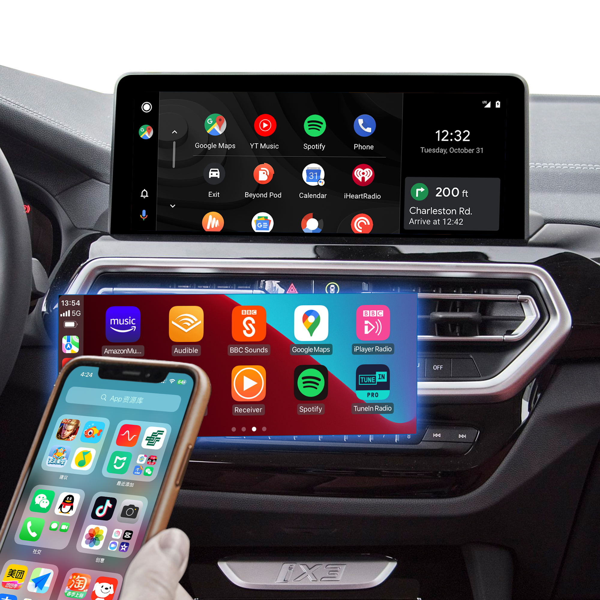 Hualingan CarPlay Refit for BMW iDrive 7 G01 F97 X3 Upgrade 3 in 1 Wireless CarPlay&Android Auto&Android 13 Access Netflix Spotify Tinder Zoom Workplace Navigation Mirroring to 10.25/12.3 Full Screen