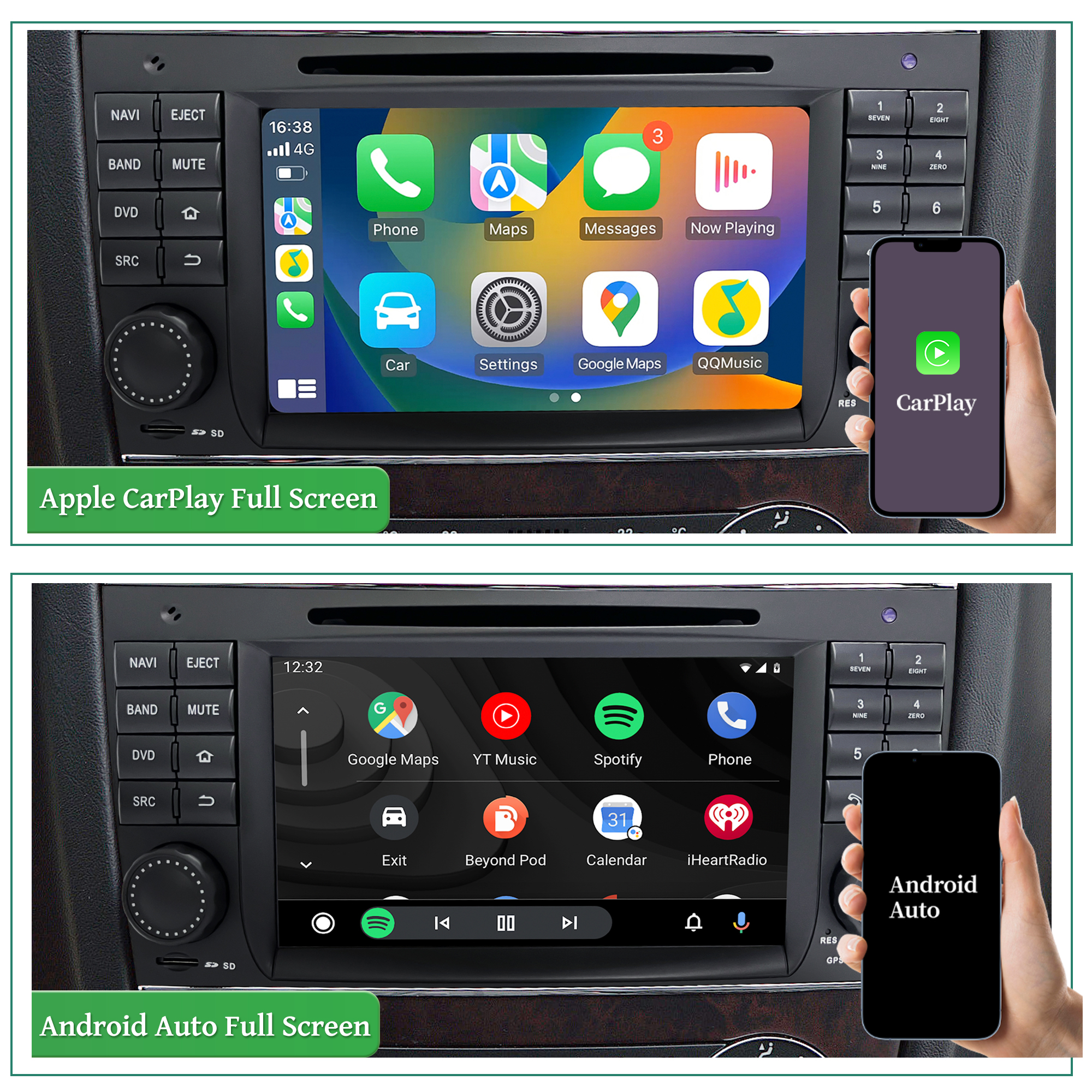 7-inch Mercedes Touch Screen Replacement W203 S203 CL203 W463 Radio Add Wireless Apple CarPlay Android Auto Vehicle Cameras Android Screen Mirroring Apps TV Games Music Spotify Navigation Maps DVD