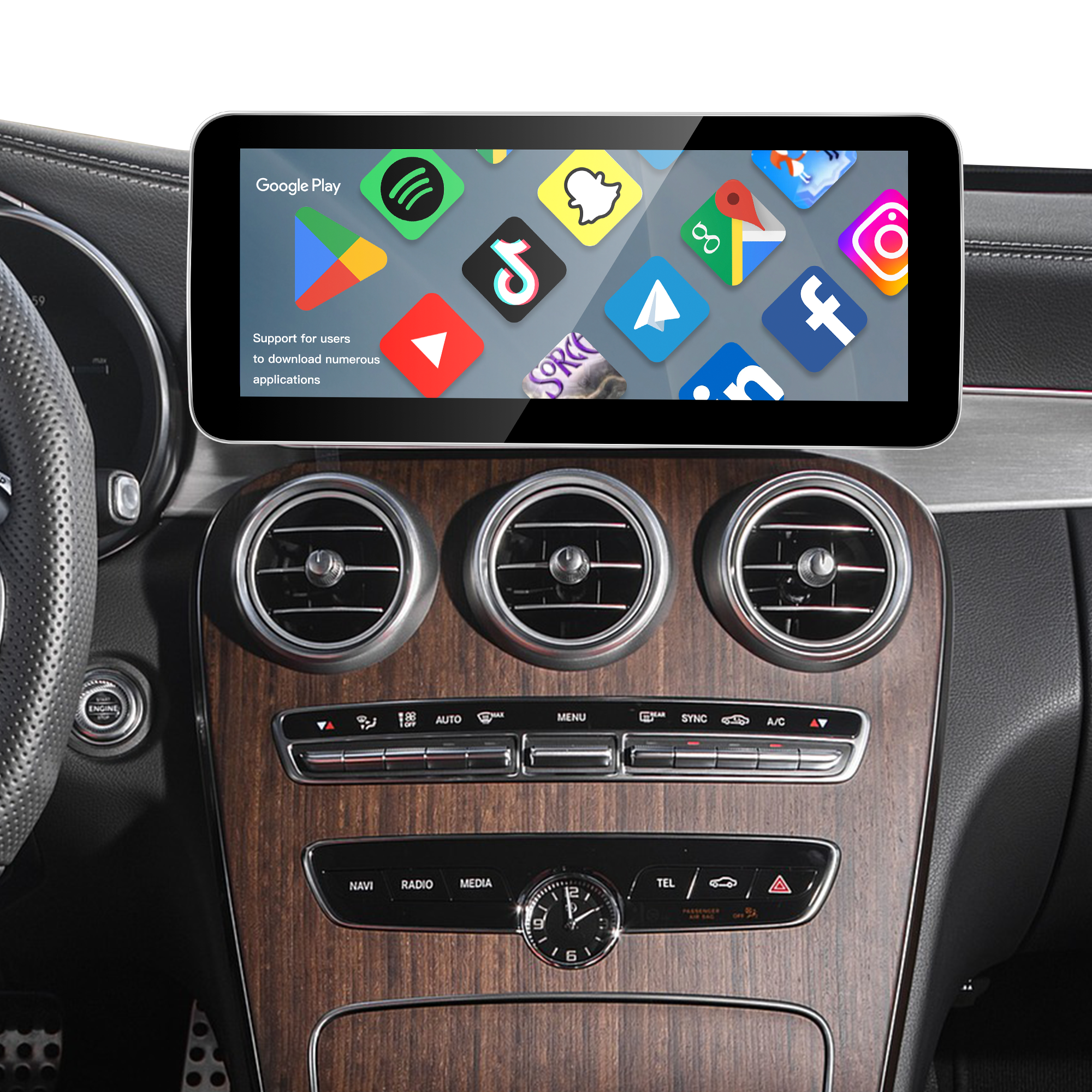 Mercedes C Class 10.25 Touch Screen for 10.25 inch NTG 5.5 W205 C205 S205 A205 Apple CarPay Android Auto Apps Mirroring Full Screen Netflix YouTube Spotify Navigation Google Maps Vehicle Cameras 