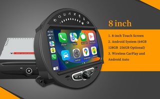 Mini Cooper R61 Apple CarPlay Upgrade 8-inch Android Touch Screen Wireless Android Auto Spotify Navigation Vehicle Cameras Download Android Apps Games Music Movies TV Receive Calls Via Bluetooth 