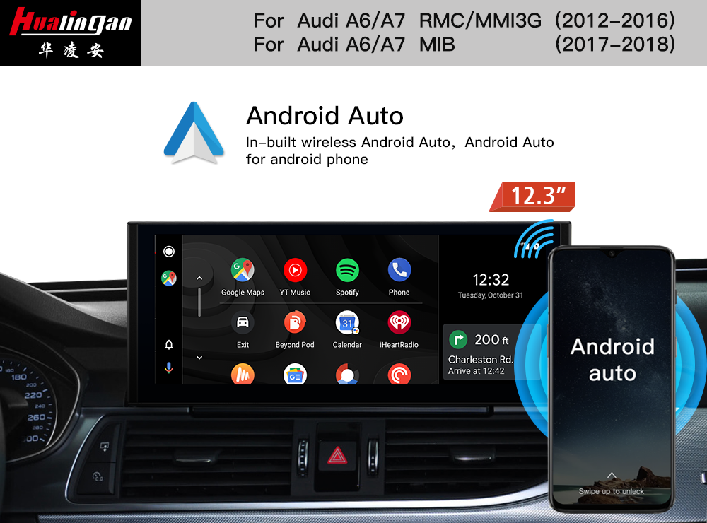 12.3 inch Blu-Ray Touch Screen for Audi A6 S6 RS6 C7 MMI 3G /RMC Android 12 GPS Navigation Apple CarPlay Fullscreen Android Mirroring Video In Motion Grid Musicvia