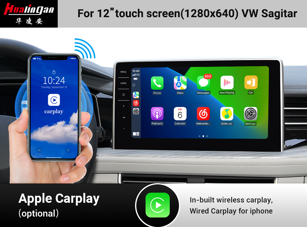 Hualingan VW Sagitar Apple CarPlay Wireless Android Auto Car Play 12”1560*700 Touch Screen Upgrade Full Screen Mirror Android 12 Wifi Video Navi Google Maps