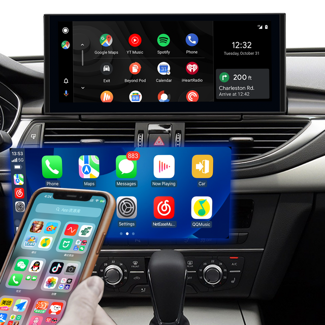 Audi MIB2 A6 C7 A7 4G8 10.25 Inch Touch Screen Upgrade Android OS Wireless Apple CarPlay Android Auto Screen Mirroring Wi-Fi 4G Spotify Waze Tubi ReeIShort Scoopz Pluto To IPhone Apps Full Screen
