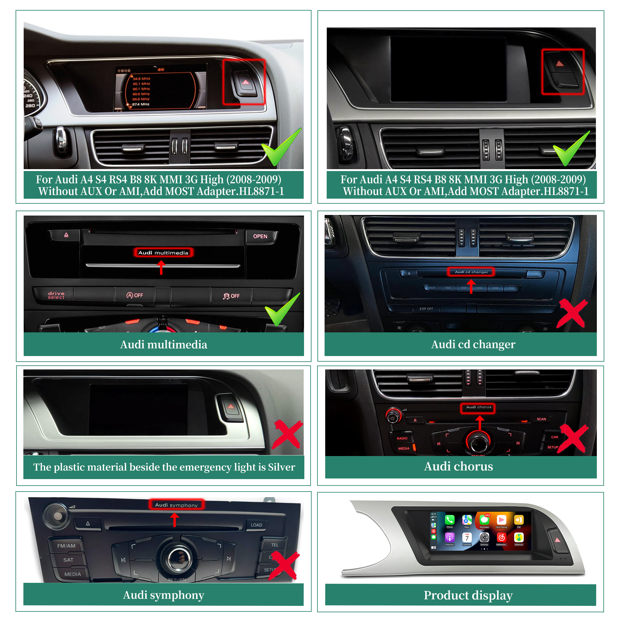 Audi MMI 3G CarPlay A4 S4 RS4 B8 8K 2013-2018 Wireless Android Auto IPhone Mirror to 8.8 Touch Screen Android 13 Apps Netflix Spotify Prime Video Reddit Twitch Games Apple Maps Navigation