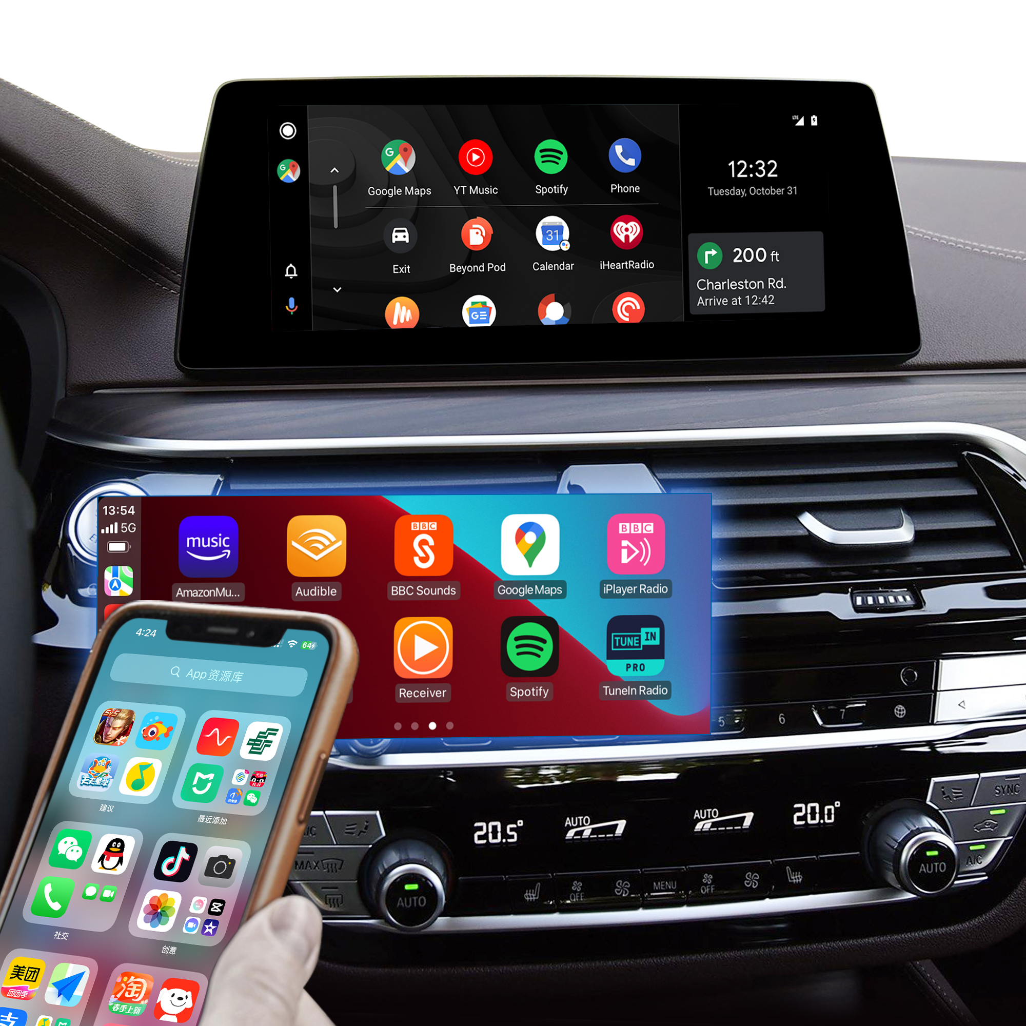 Hualingan CarPlay Adapter for BMW 5 Series G30 G31 G38 iD7 MGU Upgrade 3 in 1 Wireless CarPlay&Android Auto&Android 13 Netflix WhatsApp Spotify Pinterest Navigation Mirroring 10.25/12.3 Full Screen