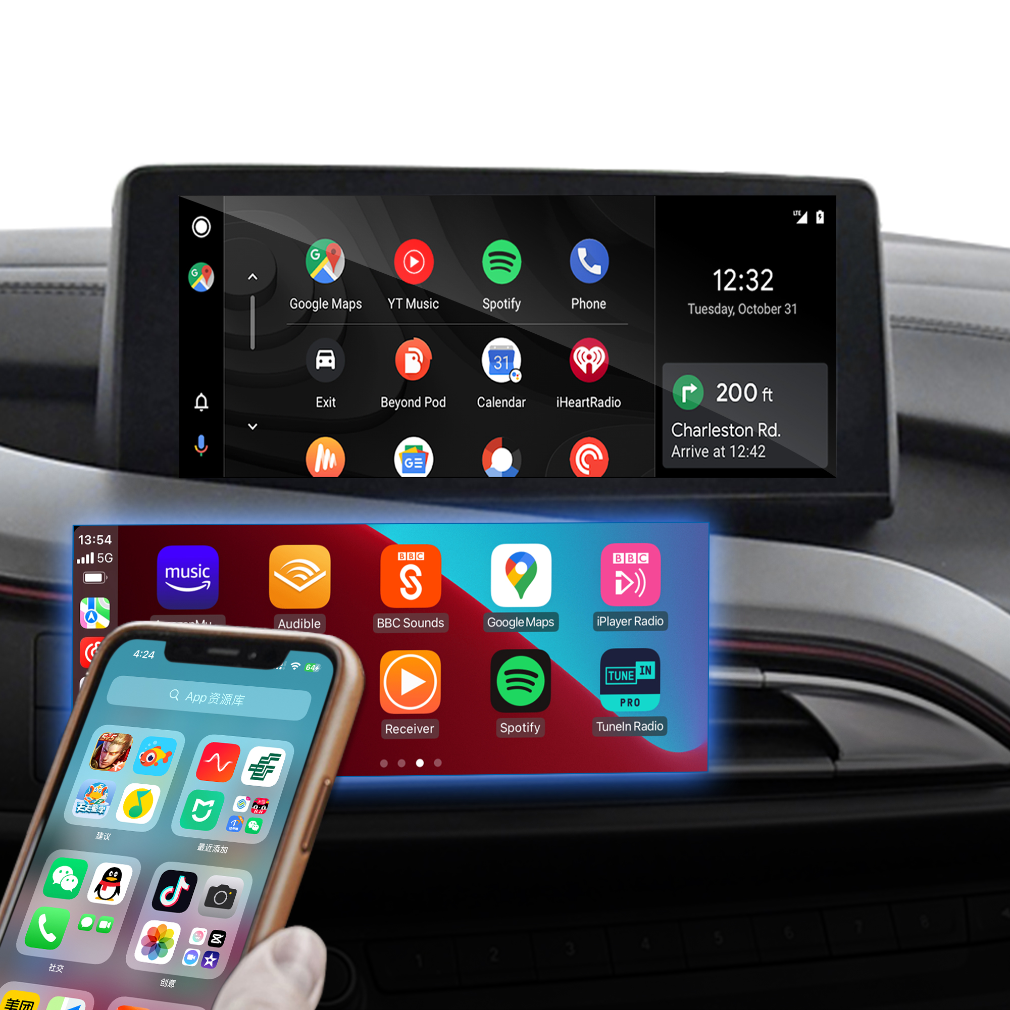 Hualingan CarPlay Adapter for BMW i8 (i12/i15) Upgrade 3 in 1 Wireless CarPlay & Android Auto & Android 13 Apps Games Netflix YouTube Spotify Google Maps Full Screen Mirror to 8.8/10.25 iDrive Screen