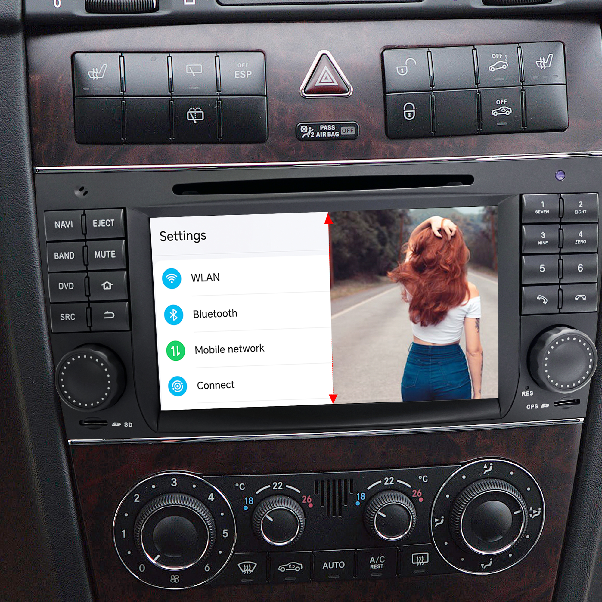 7-inch Mercedes Touch Screen Replacement W203 S203 CL203 W463 Radio Add Wireless Apple CarPlay Android Auto Vehicle Cameras Android Screen Mirroring Apps TV Games Music Spotify Navigation Maps DVD