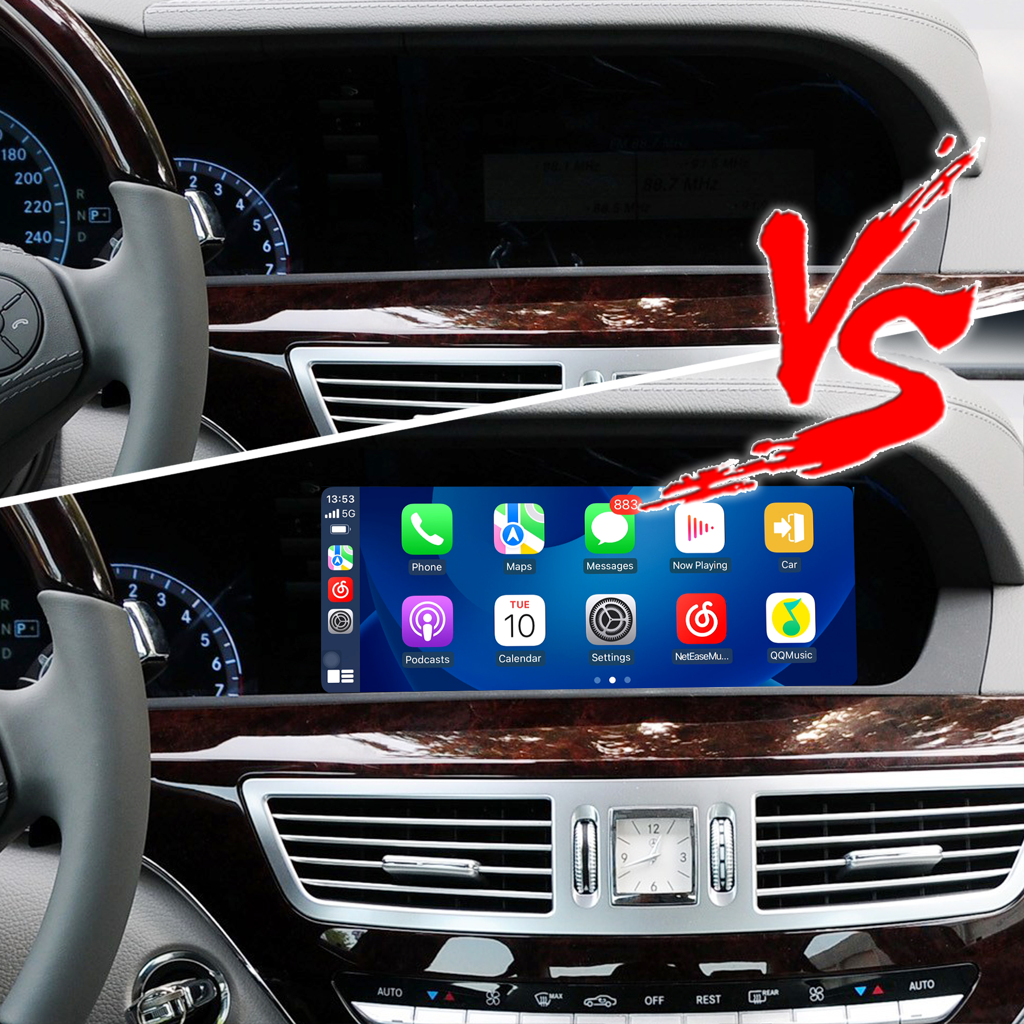 Android Auto Mercedes W221 C216 S/CL-Class NTG 3.5 Upgrade 10.25 Android Screen Wireless Apple CarPlay Full (Split) Screen Mirroring App Netflix YouTube Spotify Wi-Fi Navigation Waze Vehicle Cameras