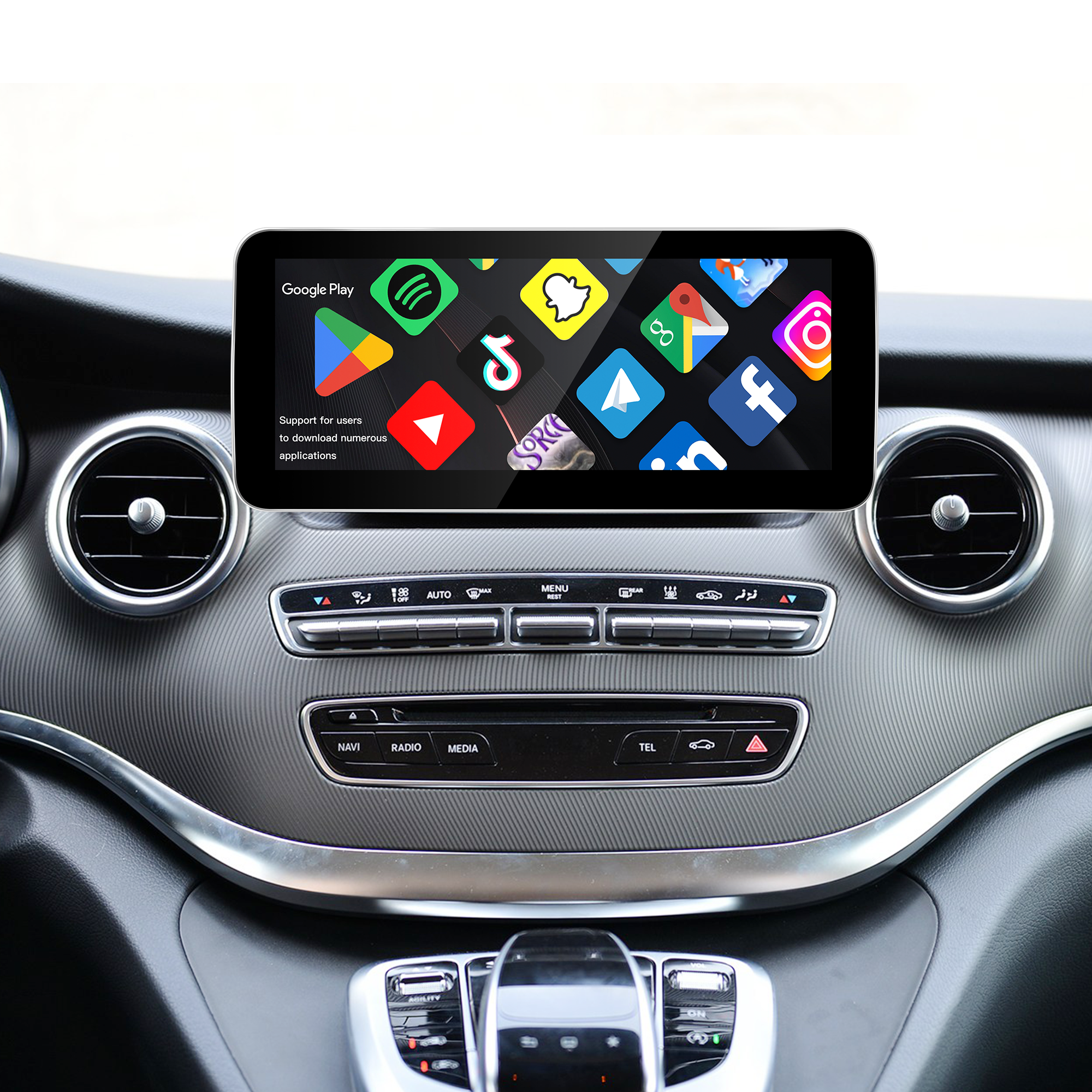 Mercedes V Class CarPlay Upgrade 12.3 Android Screen NTG 5.1/ 5.2 W447 Full Screen Apple CarPlay Android Auto Mirroring Navigation Google Maps Spotify Faidr Audible Netflix YouTube Vehicle Cameras 