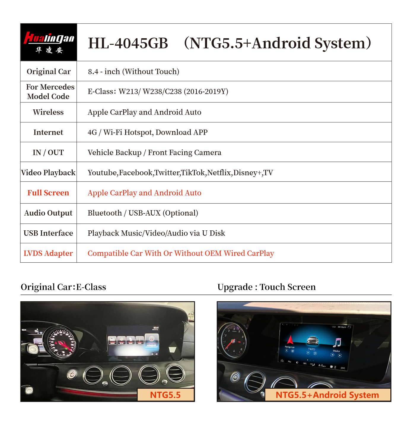 Hualingan HL-4045 W213 S213 C213 A213 V213 mercedes media interface apple carplay