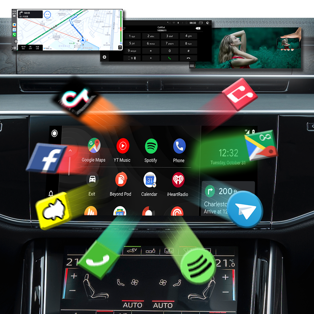 Hualingan 3 in1 Android Adapter for Audi A6 A7 A8 Q6 Q7 Q8 MIB2P MIB3 Wireless Apple CarPlay Android Auto Screen Mirror Link to iPhone Full Screen Navi Netflix Spotify Reddit Twitch Waze Games Siri