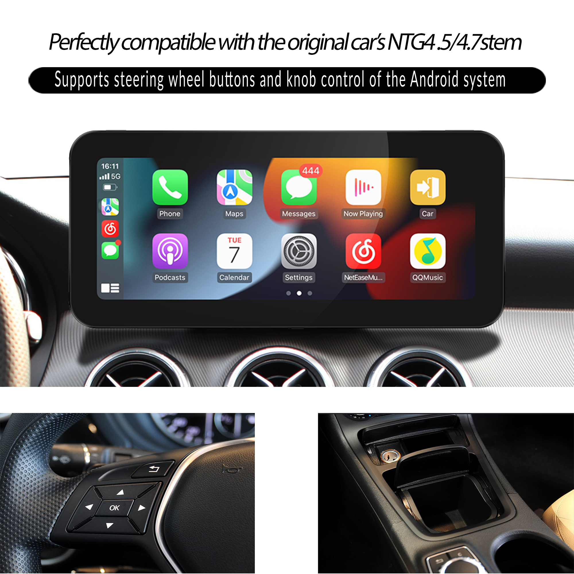 Hualingan 10.25 Touch Screen Upgrade for Mercedes NTG 4.5 and 4.7 A-Class W176 (AUX AMI) Add Wireless Apple CarPlay Android Auto Split Screen Android Apps Navigation Netflix Spotify Backup Cameras
