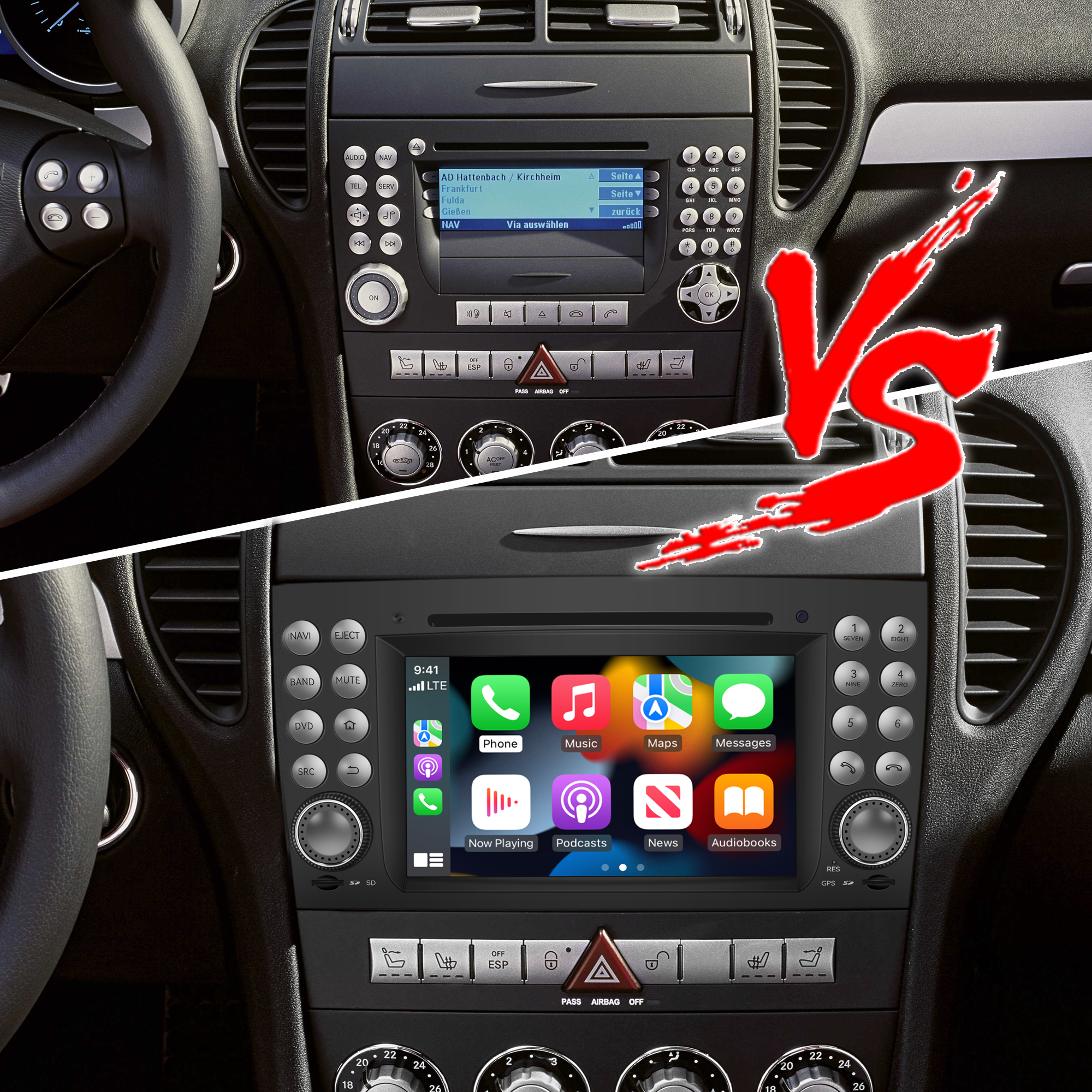 Mercedes SLK R171 W171 Radio Replacement 7 inch Android Screen Apple CarPlay Wireless Android Auto Full (Split) Screen Mirroring App Netflix YouTube Spotify Wi-Fi USB Navigation Waze Vehicle Cameras