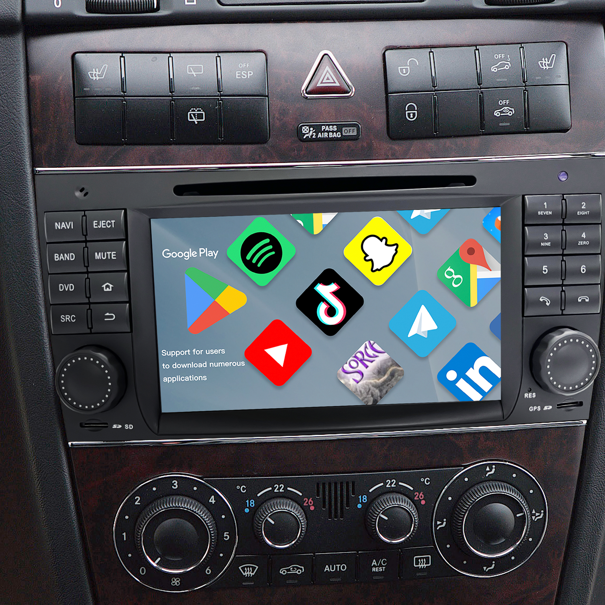 7-inch Mercedes Touch Screen Replacement W203 S203 CL203 W463 Radio Add Wireless Apple CarPlay Android Auto Vehicle Cameras Android Screen Mirroring Apps TV Games Music Spotify Navigation Maps DVD