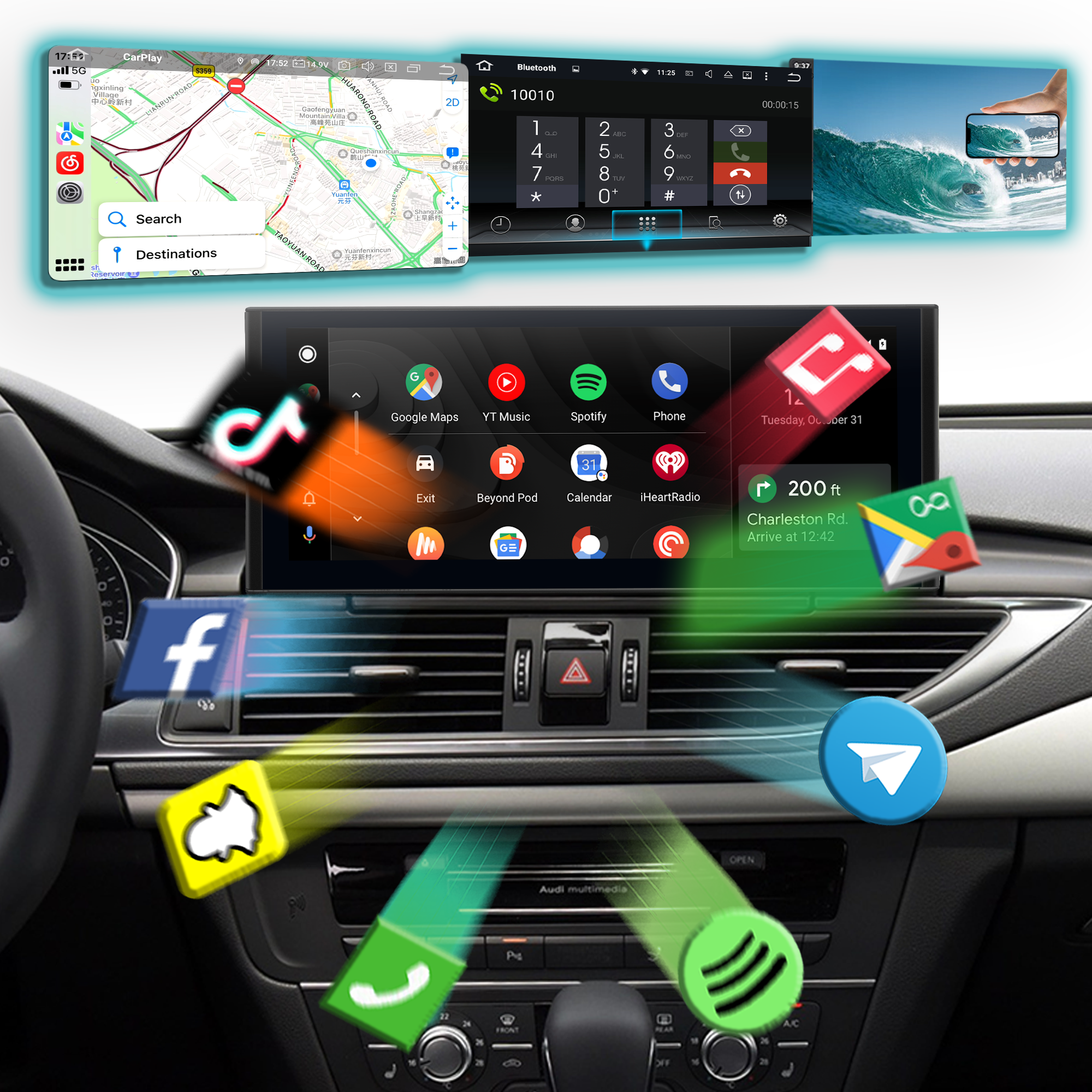  Audi A6 C7 A7 4G8 MIB 12.3 Inch Touch Screen Upgrade with Wireless Apple CarPlay And Android Auto And Android OS 4G Wi-Fi Navigation Google Maps Backup Cameras Apps Spotify Prime Video Tubi Tumblr