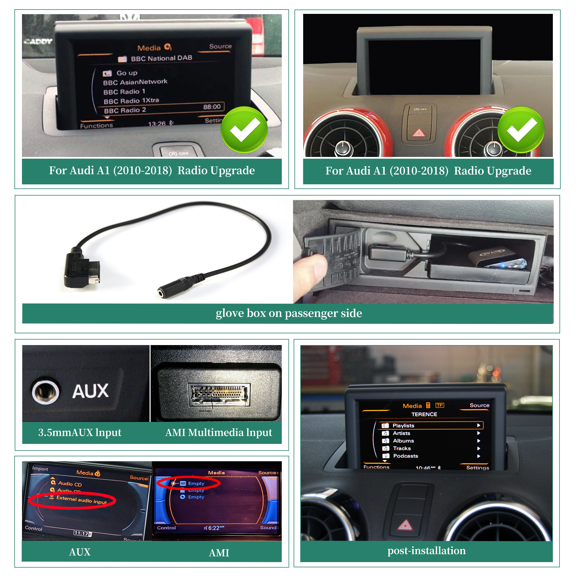 Audi 7 inch Touch Screen Upgrade A1 S1 8X RMC Radio Stereo Kit Wireless Apple CarPlay Android Auto GPS Navigation 4G Wi-Fi Android 13 Apps Netflix Spotify Prime Video Reddit Twitch Waze Games