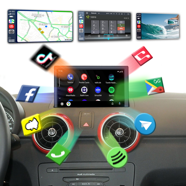 Audi A1 S1 8X MMI 3G Touch Screen Upgrade Autoradio Stereo Kit Wireless Apple CarPlay Android Auto Mirror Link Navigation 4G Wi-Fi Android 13 Apps Netflix Spotify Prime Video Reddit Twitch Waze Games
