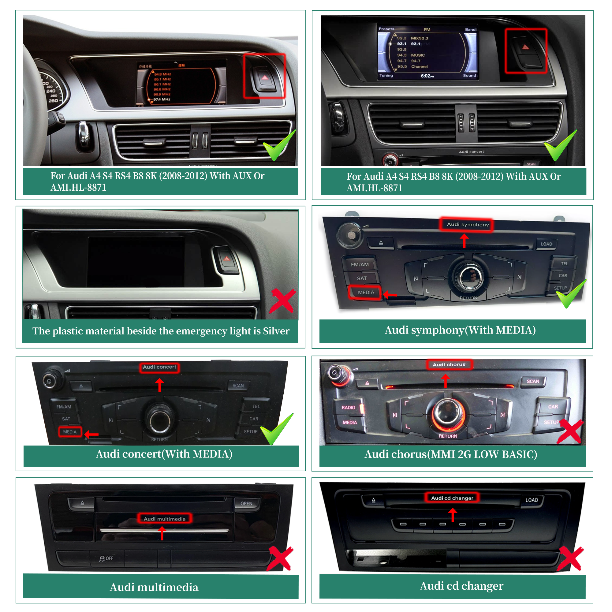 CarPlay Audi A4 S4 RS4 B8 8K 2013-2016 Concert Symphony 8.8 Touch Screen Upgrade Android Auto Android 13 Apps Netflix Spotify Prime Video Reddit Twitch Waze Games Navigation WiFi Reverse Camera Apple 