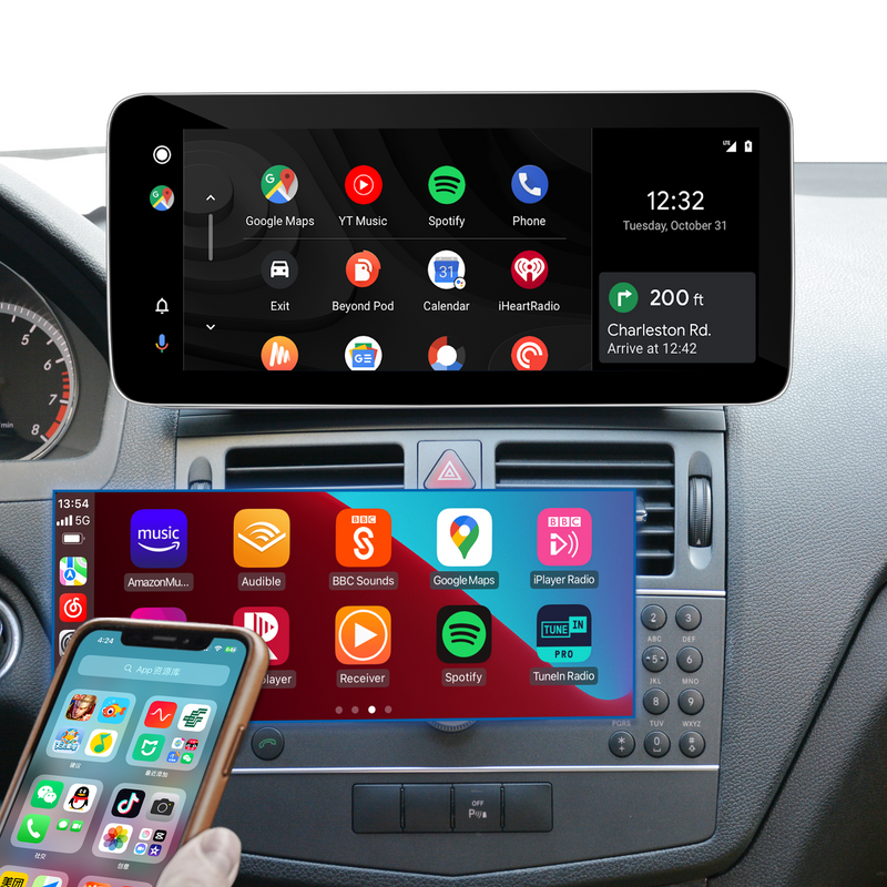 Mercedes W204 C204 S204 NTG4 Android Auto Retrofit Kit Upgrade 10.25 Touch Screen Wireless Apple CarPlay Android 14 Apps Navigation Netflix Spotify Facebook YouTube Reverse Camera Screen Mirroring