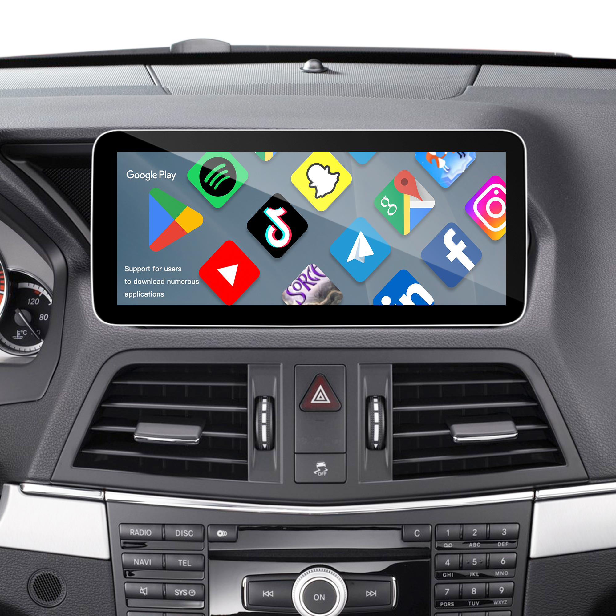 Apple CarPlay Mercedes E-Class NTG 4.0 C207 A207 W207 Android Screen 10.25 Android Auto Wireless Full (Split) Screen Mirroring App Netflix YouTube Spotify Wi-Fi USB Navigation Waze Vehicle Cameras 