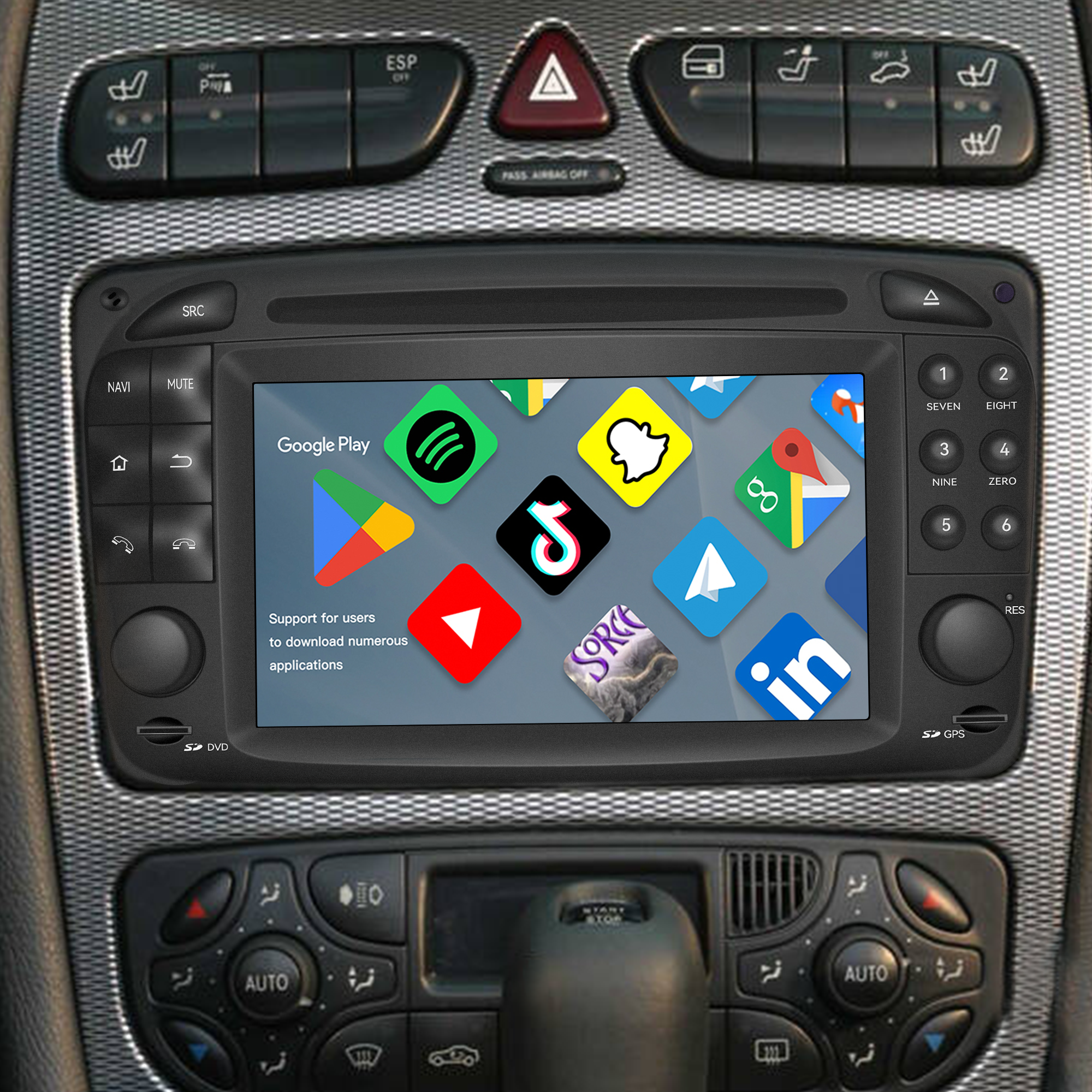 Mercedes W168 Radio Upgrade 6.2 Touch Screen Add Wireless Apple CarPlay Android Auto Android System GPS Navigation Google Maps Vehicle Cameras Bluetooth Calls AM FM DVD Netflix YouTube TV Spotify