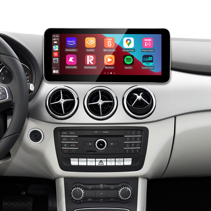 10.25 Mercedes Touch Screen Upgrade B class W246 NTG 5.1/5.2 Apple CarPlay Wireless Android Auto Android Apps Navgation Google Maps Watch TV Spotify Facebook Vehicle Cameras Bluetooth Calls Wifi