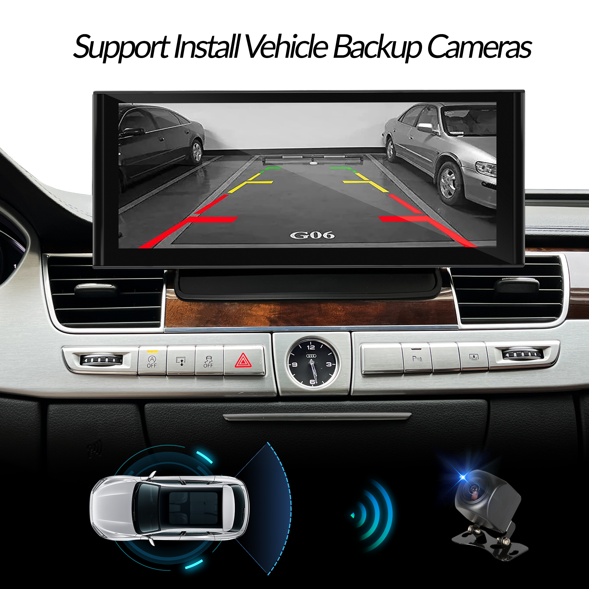 Apple CarPlay Audi A8 D4 Upgrade 12.3 Touch Screen Wireless Android Auto Full Screen Mirroring App Split Screen Netflix YouTube TV Spotify Via Wi-Fi and USB Navigation Google Maps Vehicle Cameras 