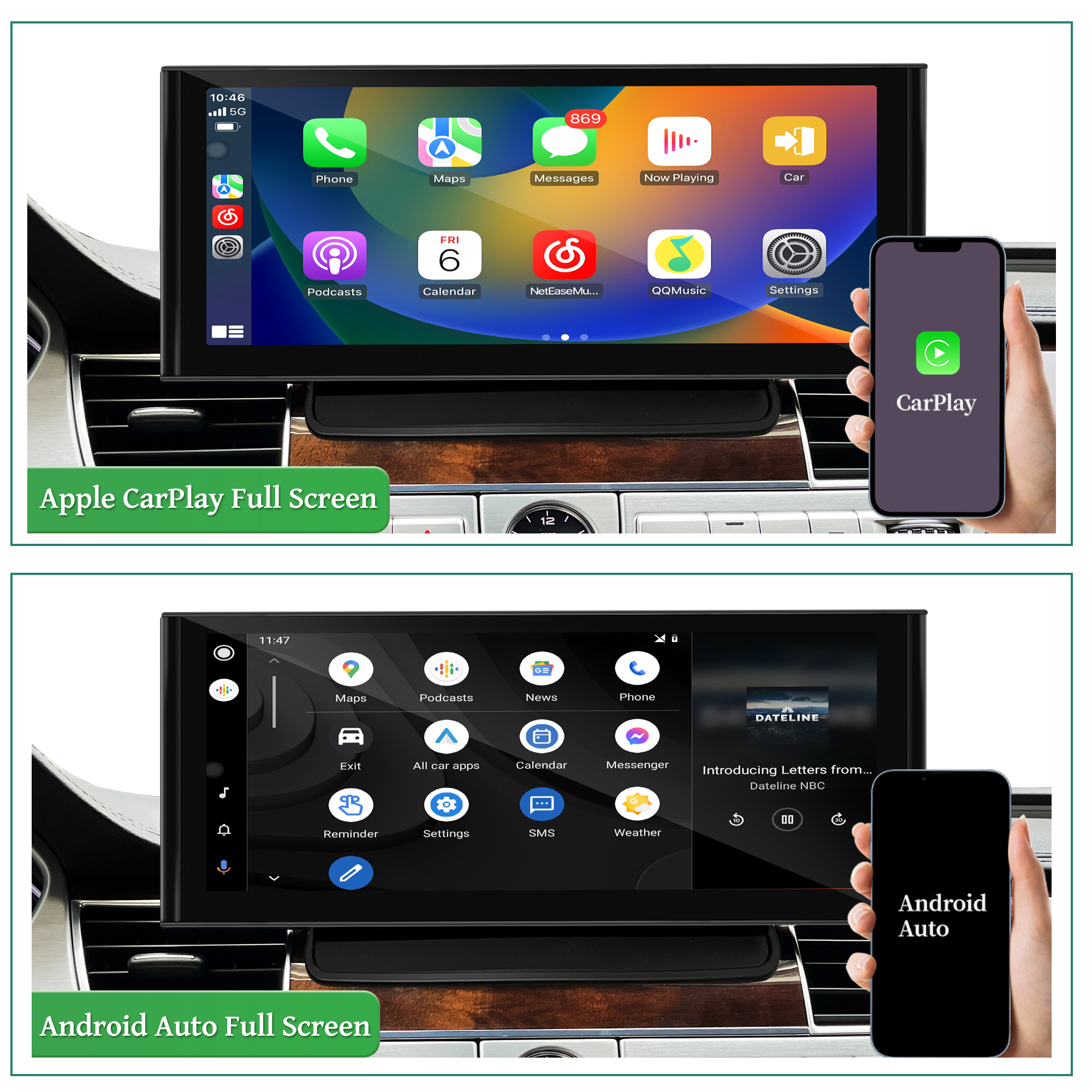 Apple CarPlay Audi A8 D4 Upgrade 12.3 Touch Screen Wireless Android Auto Full Screen Mirroring App Split Screen Netflix YouTube TV Spotify Via Wi-Fi and USB Navigation Google Maps Vehicle Cameras 