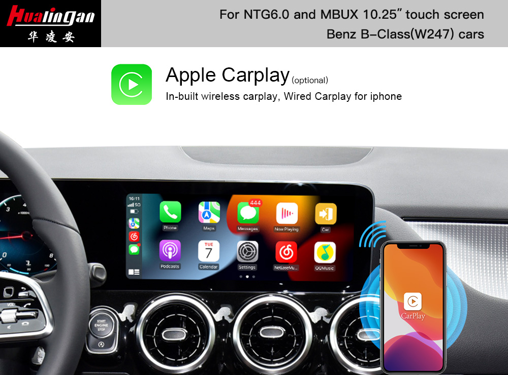 Wireless Audroid Auto Mercedes B-Class W247 Apple CarPlay Retrofit MBUX Navigation with 10.25 Touchscreen Fullscree Screen Mirroring Upgrade AHD Camera Video Youtube