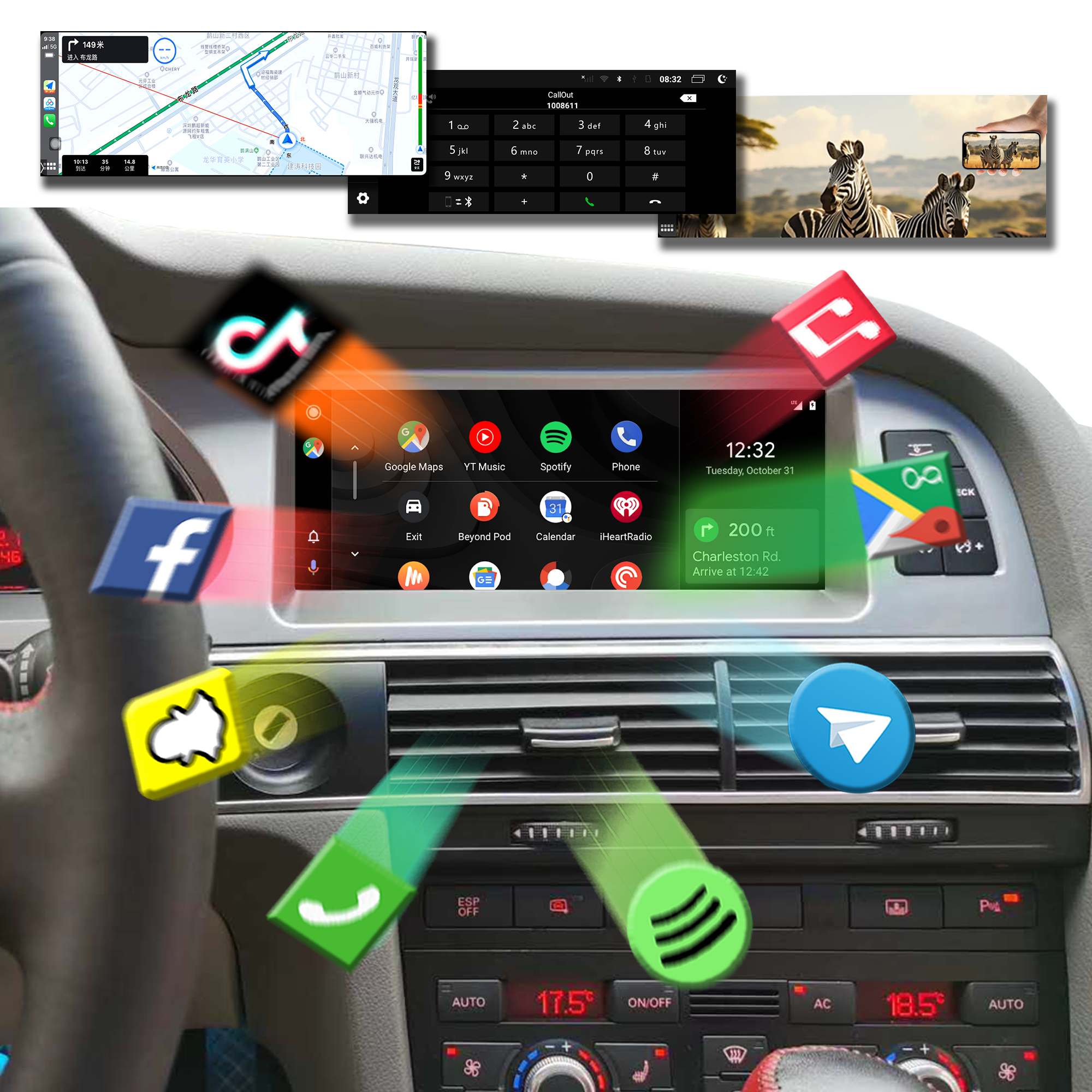 Audi A6 C6 MMI 2G MOST 8.8 Inch Touch Screen Upgrade Android 13 OS Wireless Apple CarPlay Android Auto Screen Mirror 4G Wi-Fi GPS Navigation Google Maps Netflix Spotify Prime Video Twitch Tumblr