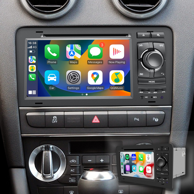 Audi A3 8P Radio Double Din Car Stereo Dash Kit Upgrade 7 inch Touch Screen Radio A3 CarPlay Android Auto GPS Navigation Support Backup Cameras Netflix Spotify Prime Video Twitch Qualcomm 64GB
