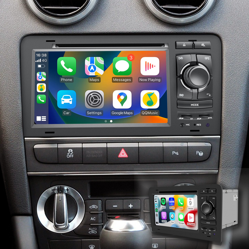 Audi A3 8P Radio Double Din Car Stereo Dash Kit Upgrade 7 inch Touch Screen Radio A3 CarPlay Android Auto GPS Navigation Support Backup Cameras Netflix Spotify Prime Video Twitch Qualcomm 64GB