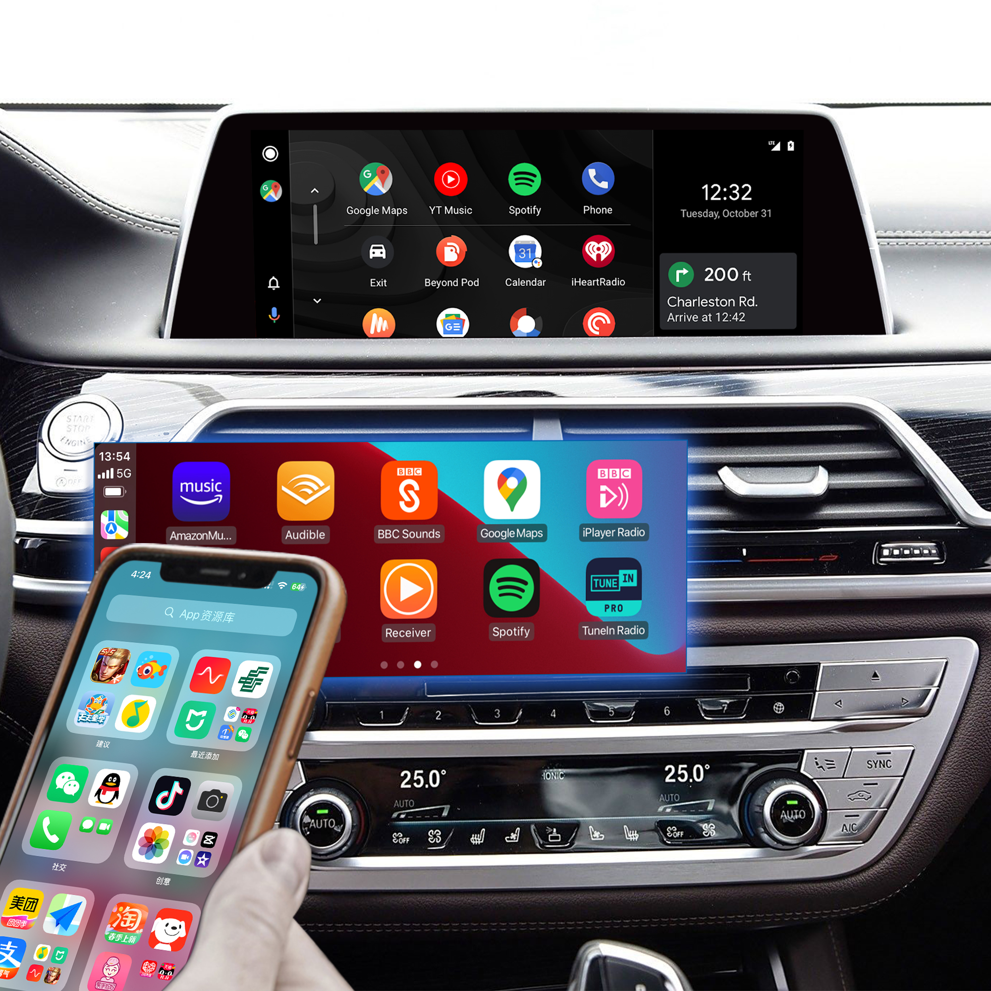 CarPlay Refit for BMW iDrive 7 G11 G12 7 Series Upgrade 3 in 1 Wireless CarPlay&Android Auto&Android 13 Access Netflix Spotify Snapchat CapCut Navigation Mirroring to 10.25/12.3 Full Screen 