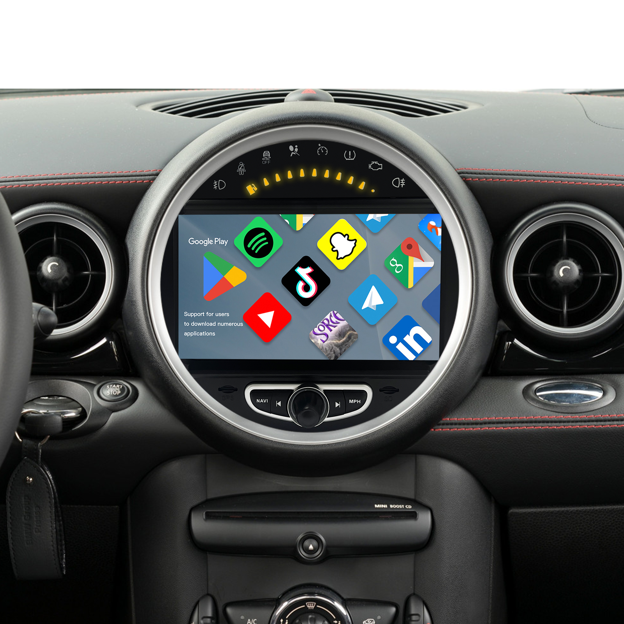 6.5 Mini Cooper CIC R55 Apple CarPlay Upgrade 8-inch Android Touch Screen Wireless Android Auto Support Install Vehicle Cameras Download Android Apps Games Music Movies TV Receive Calls Via Bluetooth
