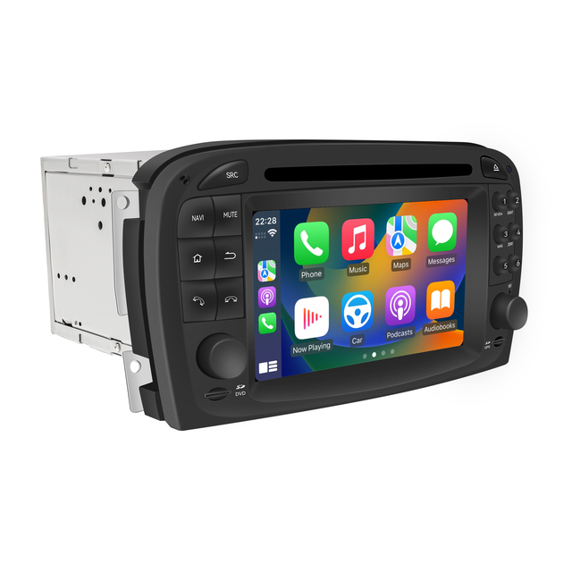 Mercedes W209 C209 A209 Radio Upgrade 6.2 Touch Screen Add Wireless Apple CarPlay Android Auto Android System GPS Navigation Google Maps Vehicle Cameras Bluetooth Calls AM FM DVD Spotify WhatsApp 