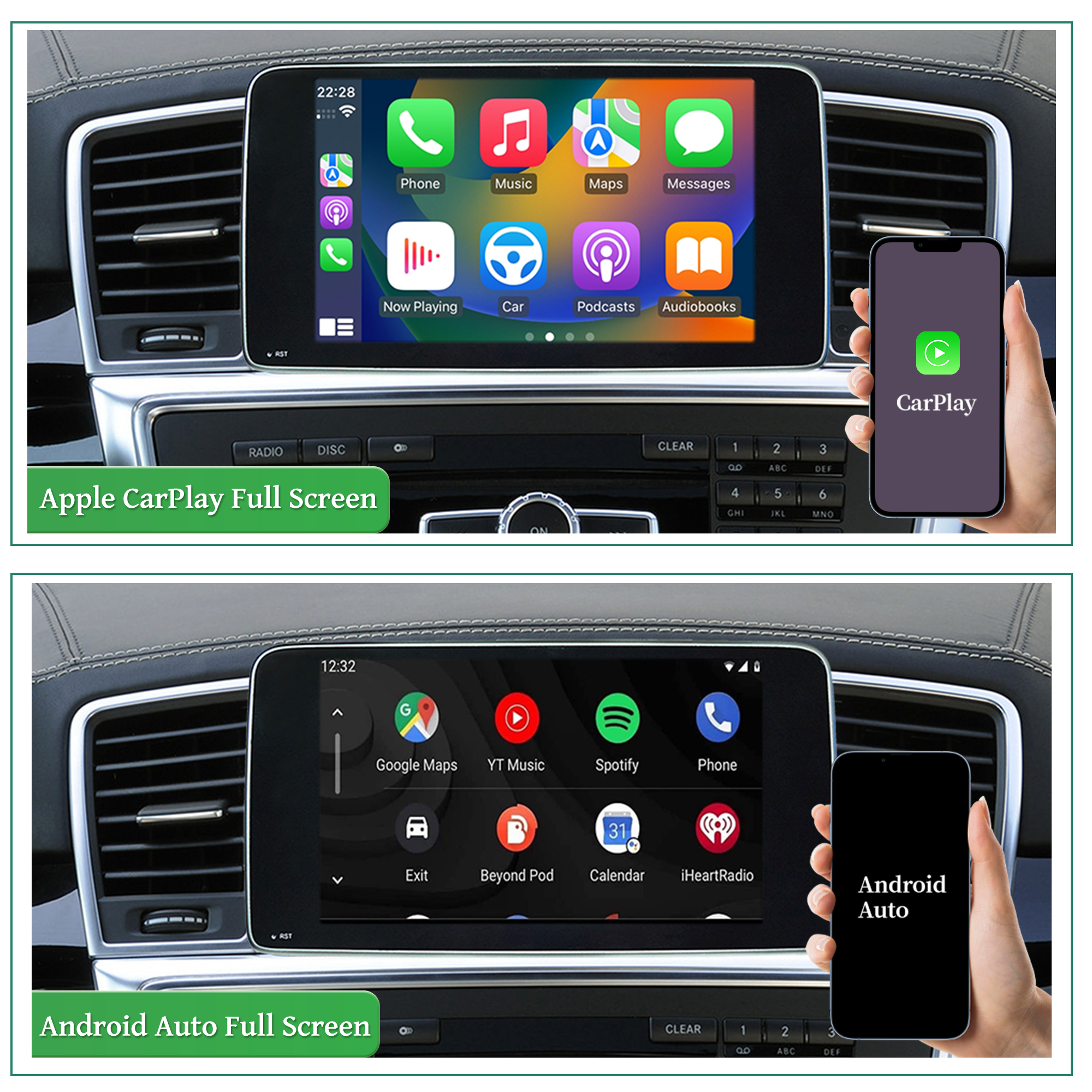 Mercedes NTG 4.5/4.7 GL X166 ML W166 Apple CarPlay Upgrade 9 inch Androdi Screen Android Auto Full (Split) Screen Mirroring App Netflix Spotify Wi-Fi USB Navigation Google Maps Vehicle Cameras 