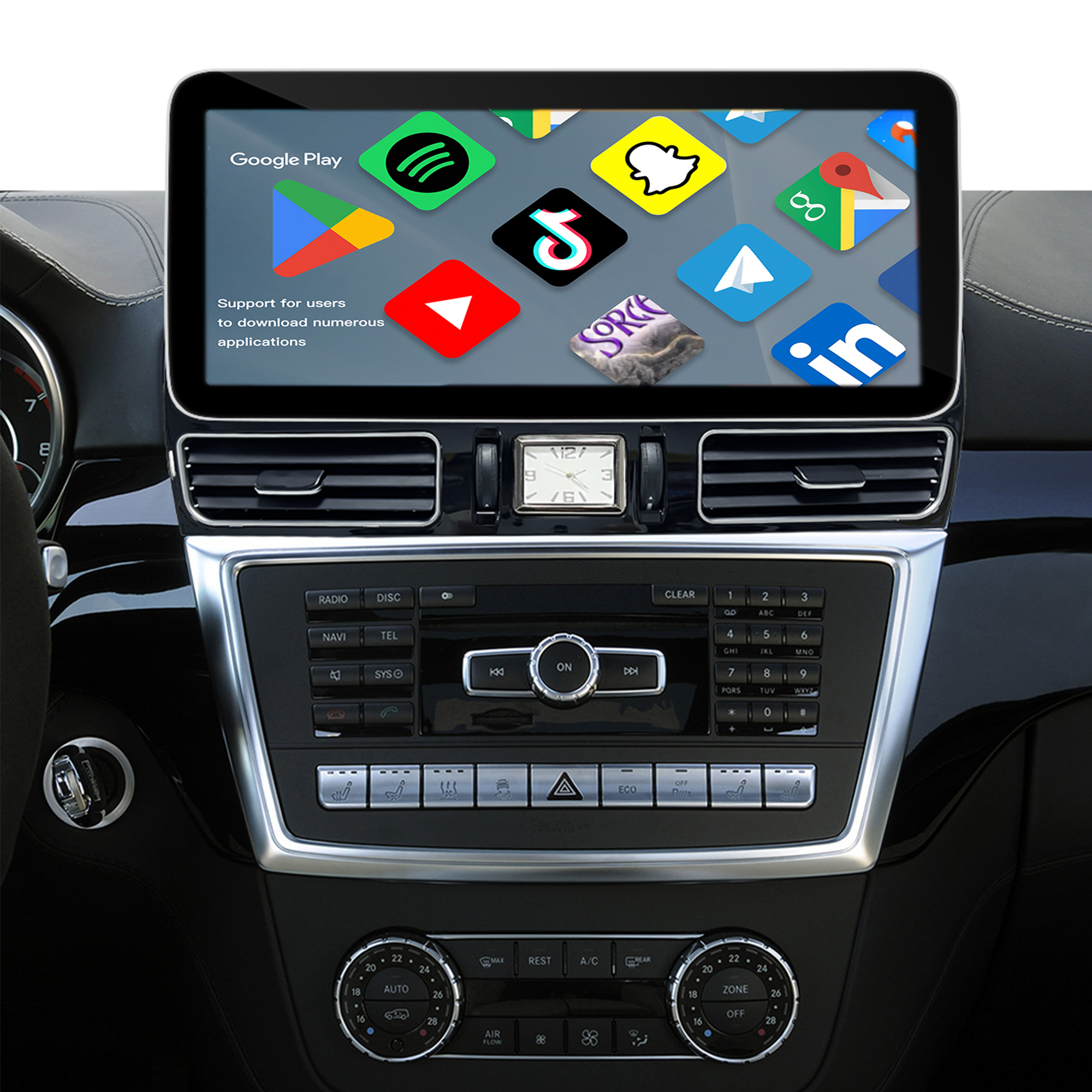 Mercedes NTG 4.5/4.7 GL X166 ML W166 Android Auto Upgrade 12.3 inch Androdi Screen Apple CarPlay Full (Split) Screen Mirroring App Netflix Spotify Wi-Fi USB Navigation Google Maps Vehicle Cameras 