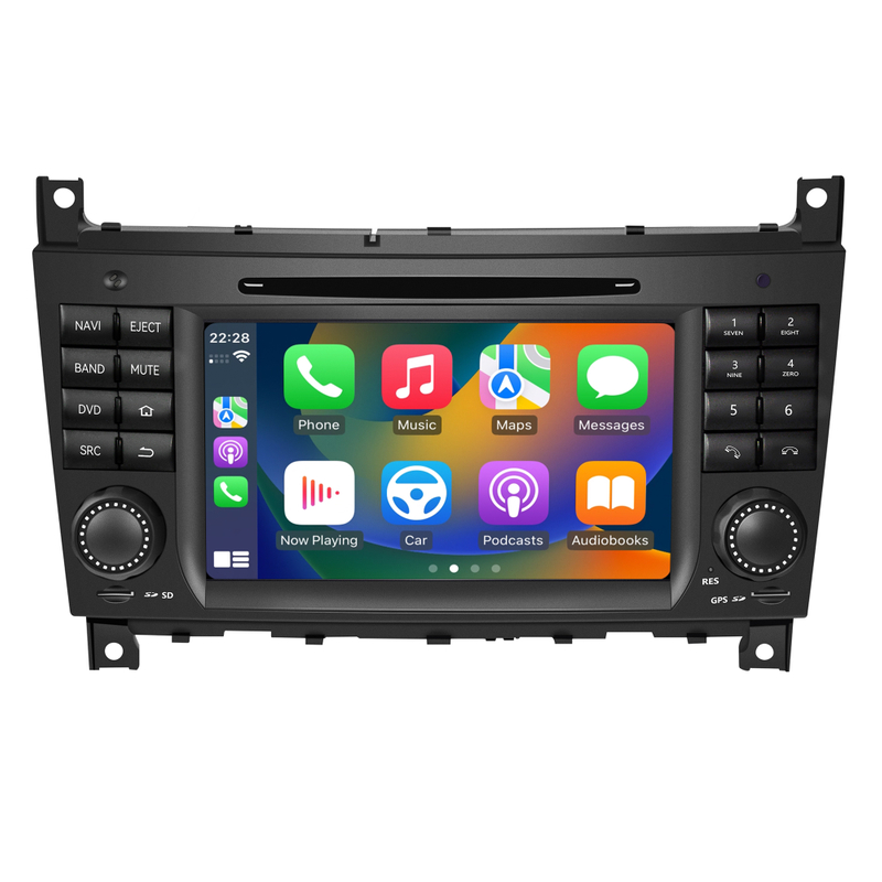 7-inch Mercedes Touch Screen Replacement W203 S203 CL203 W463 Radio Add Wireless Apple CarPlay Android Auto Vehicle Cameras Android Screen Mirroring Apps TV Games Music Spotify Navigation Maps DVD