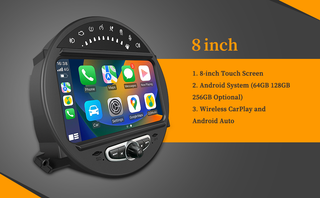 6.5 Mini Cooper CIC R56 Apple CarPlay Upgrade 8-inch Android Touch Screen Wireless Android Auto Facebook Navigation Vehicle Cameras Download Android Apps Games Music Movies Receive Calls Via Bluetooth