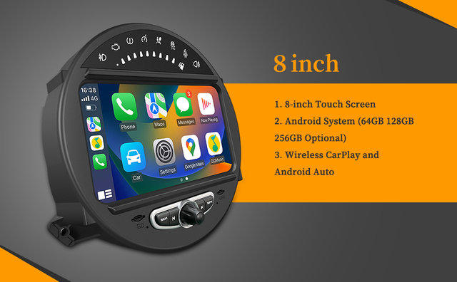 6.5 Mini Cooper CIC R56 Apple CarPlay Upgrade 8-inch Android Touch Screen Wireless Android Auto Support Install Vehicle Cameras Download Android Apps Games Music Movies TV Receive Calls Via Bluetooth