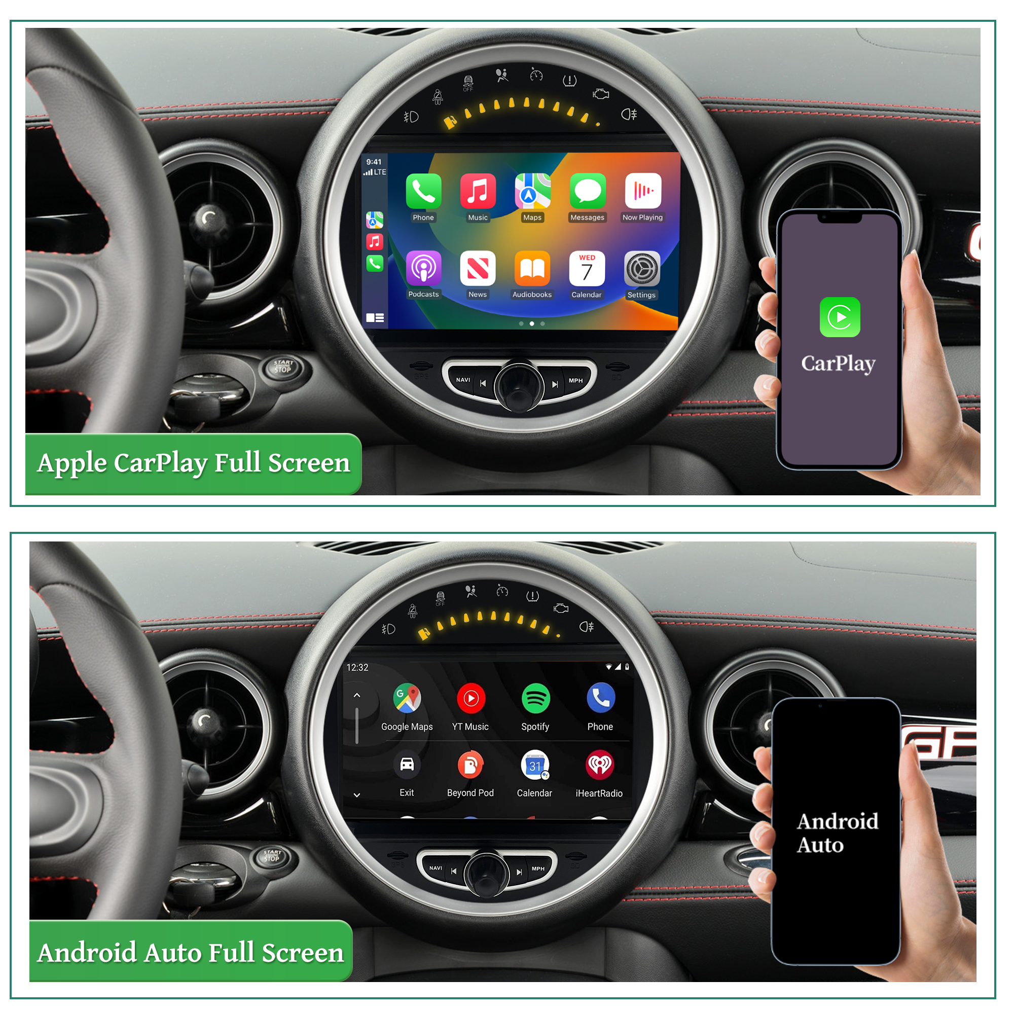 6.5 Mini Cooper CIC R55 Apple CarPlay Upgrade 8-inch Android Touch Screen Wireless Android Auto Support Install Vehicle Cameras Download Android Apps Games Music Movies TV Receive Calls Via Bluetooth