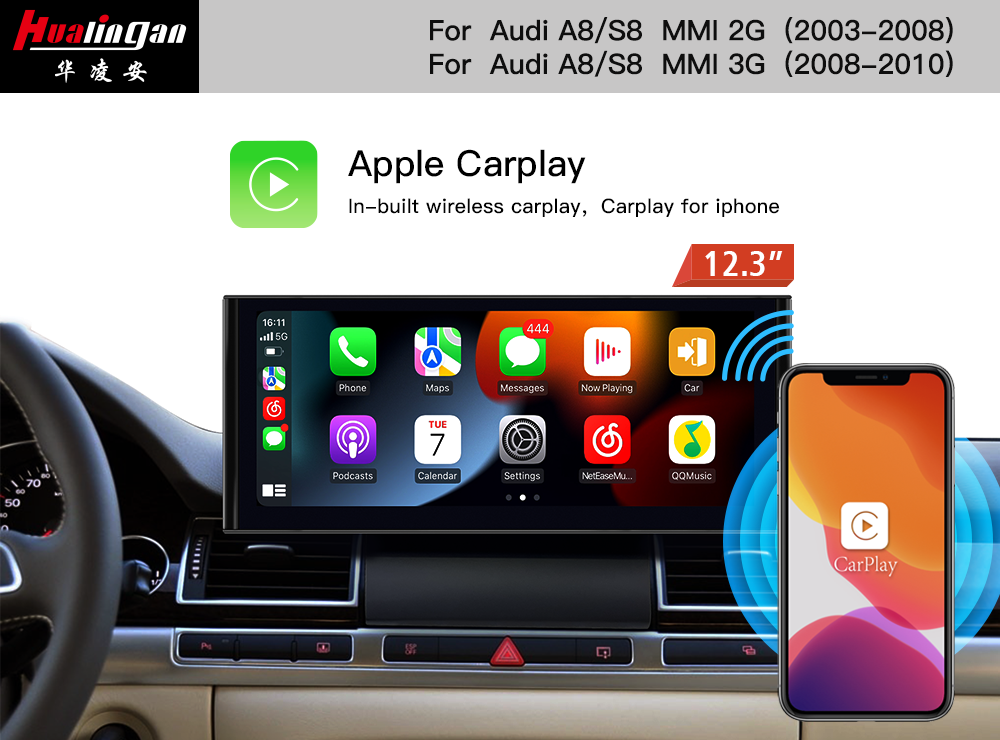 12.3"Blu-ray Touchscreen for Audi A8 S8 D3 MMI 3G Apple Caplay Fullscreen Android Mirroring Bluetooth GPS Navigation Car Dash Camera Wifi Wireless CarPlay
