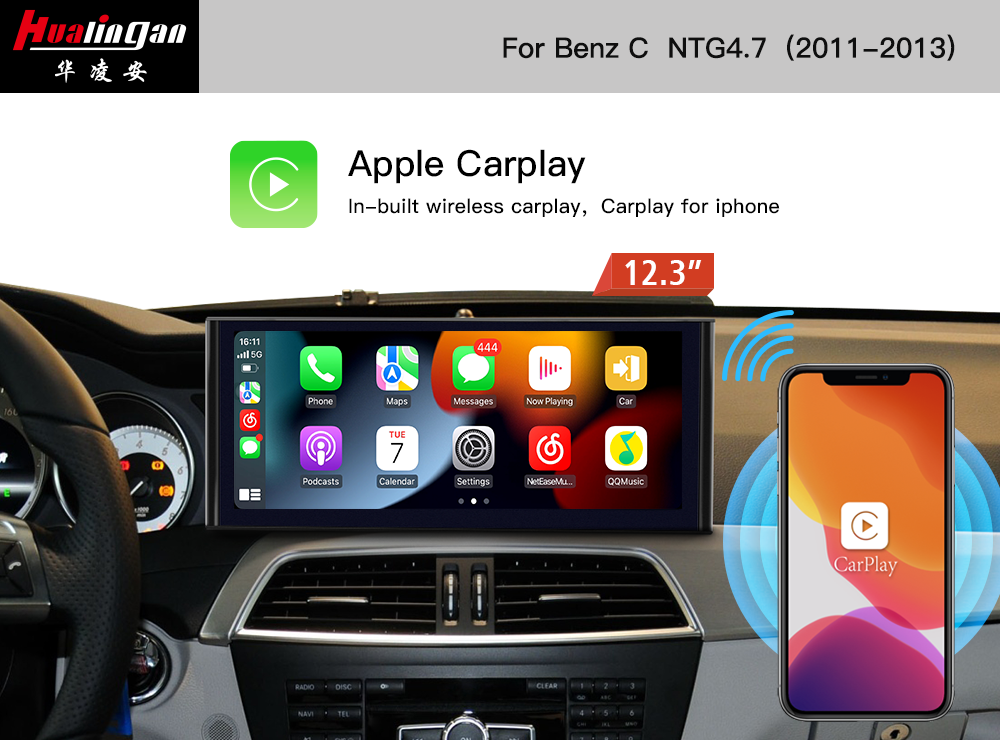 Hualingan Mercedes C-Class W204 S204 C204 NTG4.5 NTG4.7 Android 12.3 Inch Screen Upgrade Touch Wireless Apple CarPlay Full Screen Android Auto Mirror Multimedia Navi Wifi Camera