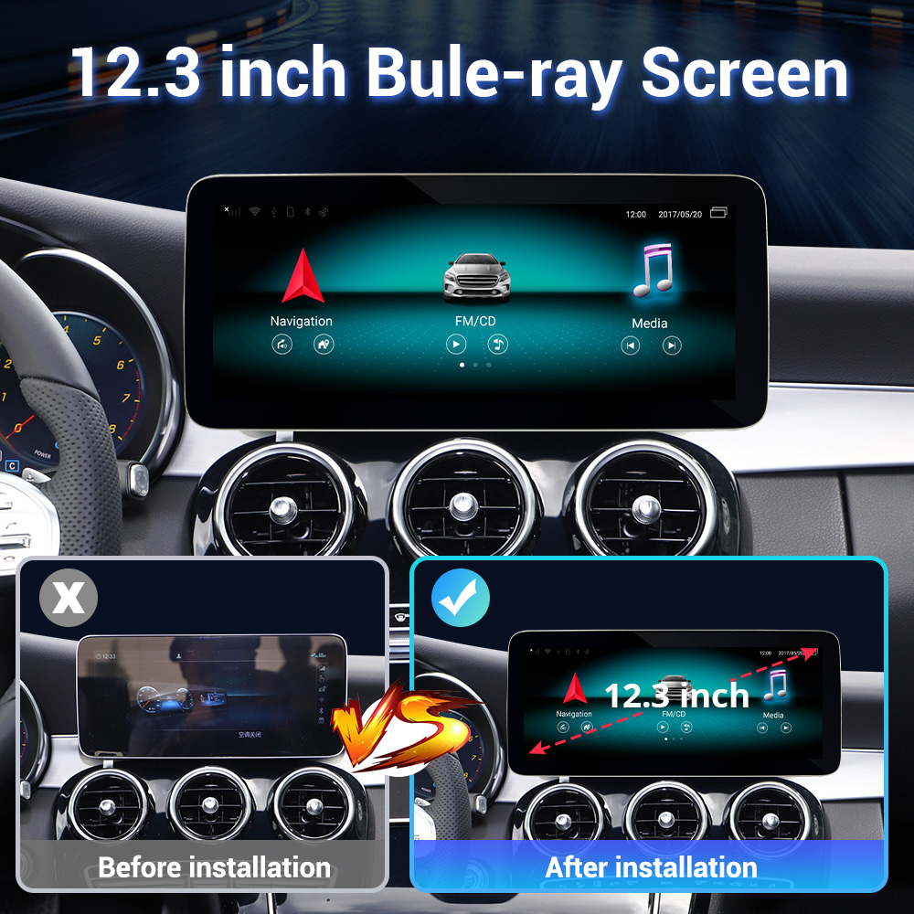 Hualingan Mercedes C-W205 S205 C205 X-W470 GLC-W253 12.3” Touch Screen Upgrade Android 12 Wireless Apple CarPlay Full Screen Android Auto Mirror GPS Navigation Wifi 4G Rear Camera
