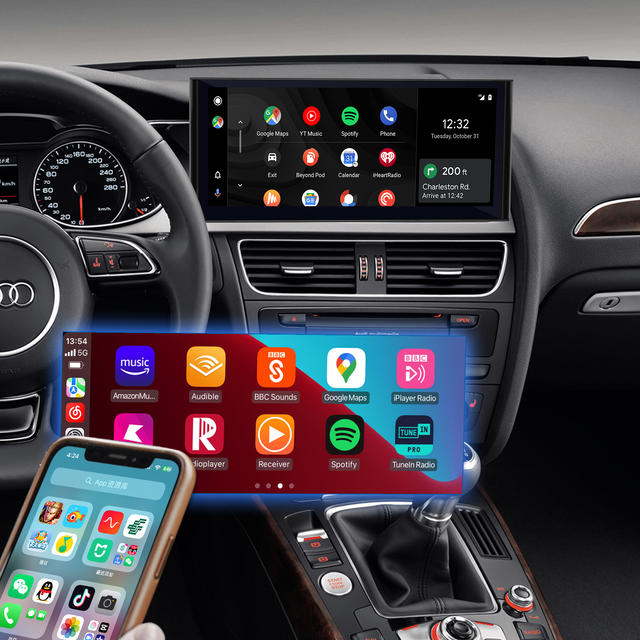 Audi Android Auto Retrofit Upgrade for A4 S4 RS4 A5 S5 RS5 12.3 inch Touch Screen Wireless Apple CarPlay Samsung Mirror Full Screen Android 13 App Netflix Spotify Prime Video Reddit Twitch Games Music