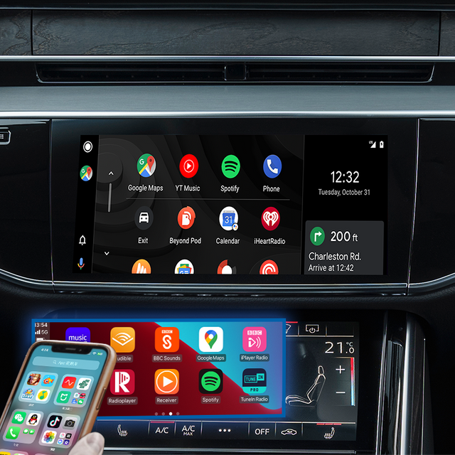 Hualingan 3 in1 Android Adapter for Audi A6 A7 A8 Q6 Q7 Q8 MIB2P MIB3 Wireless Apple CarPlay Android Auto Screen Mirror Link to iPhone Full Screen Navi Netflix Spotify Reddit Twitch Waze Games Siri
